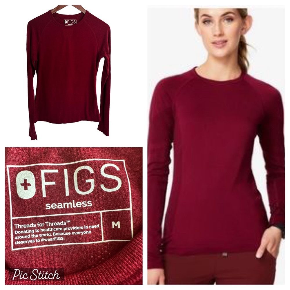 Figs Seamless Salta Performance Long Sleeve Underscrub Top Size Medium Burgundy